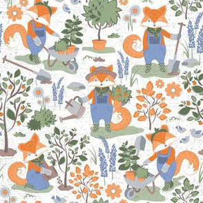 Small scale // The foxy gardener // white background orange foxes