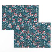 Small scale // The foxy gardener // dark teal background red foxes