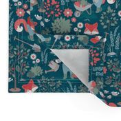 Small scale // The foxy gardener // dark teal background red foxes