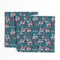 Small scale // The foxy gardener // dark teal background red foxes