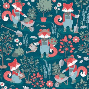 Small scale // The foxy gardener // dark teal background red foxes