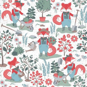 Small scale // The foxy gardener // white background red foxes