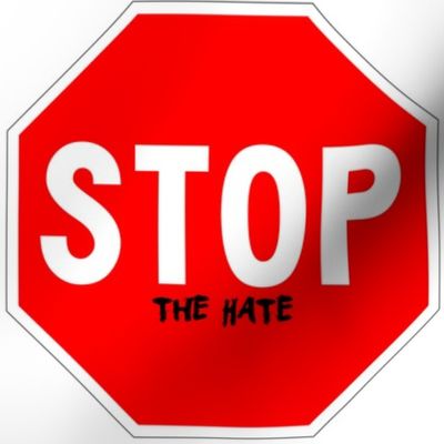 14 red white road signs traffic signs Graffiti vandalism vandalize pop art stop the hate wars fighting fights strong message peace pop culture end stop discrimination prejudice marker pen effect 