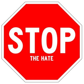 4 red white road signs traffic signs Graffiti vandalism vandalize pop art stop the hate wars fighting fights strong message peace pop culture end stop discrimination prejudice