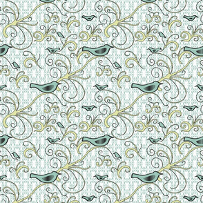 Fly Green Birdie - Small Scale - 04S - Pale Aqua Green Birds With Pale Citron Swirl on Pale Aqua Green/White Symmetrical Background