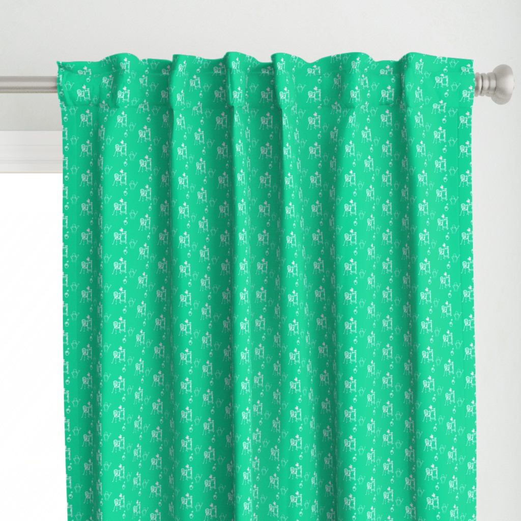 Gardening, hand drawn retro fabric, in Pea Green