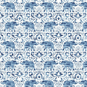 Elephant Damask Watercolor Denim