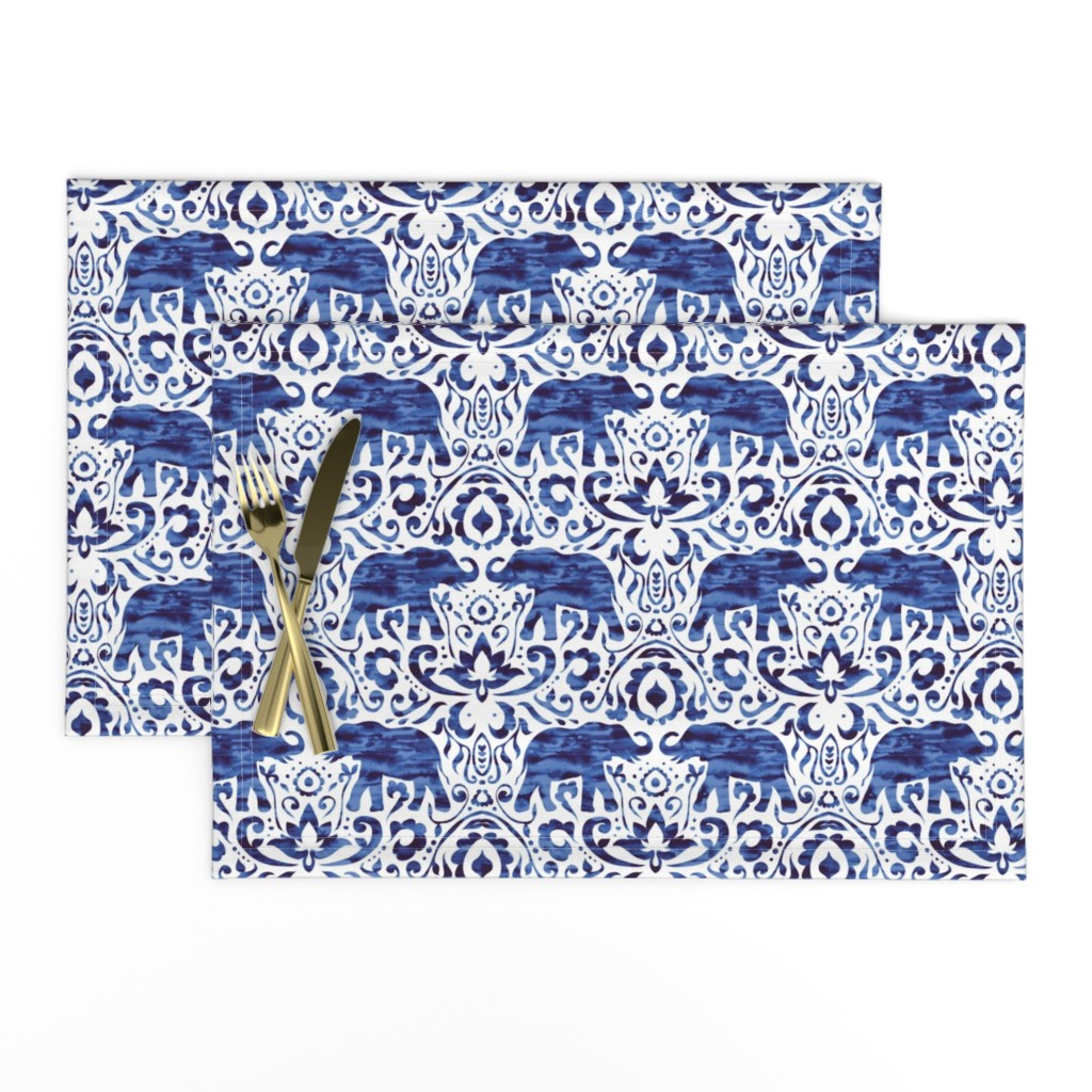 Elelphant Damask Watercolor Dark Blue