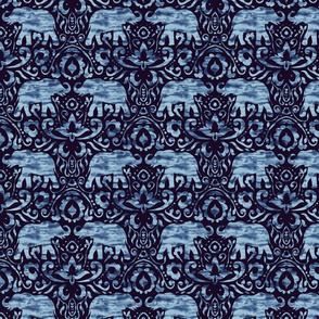 Elephant Damask Watercolor Navy