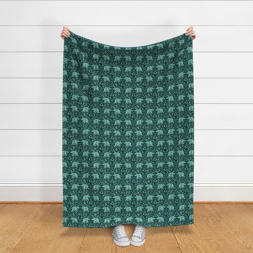 Elephant Damask Watercolor Green on Dark Green