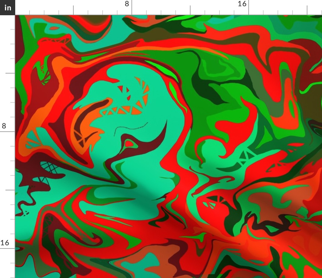 BN9 -  LG- Abstract Marbled Mystery  in  Greens - Turquoise - Orange - Maroon 
