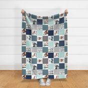 Woodland Critters Patchwork Quilt (rotated)- Bear Moose Fox Raccoon Wolf, Navy & Crystal Blue Design GingerLous