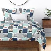 Woodland Critters Patchwork Quilt (rotated)- Bear Moose Fox Raccoon Wolf, Navy & Crystal Blue Design GingerLous