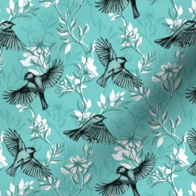 Flowers and Flight in Monochrome Teal - small version