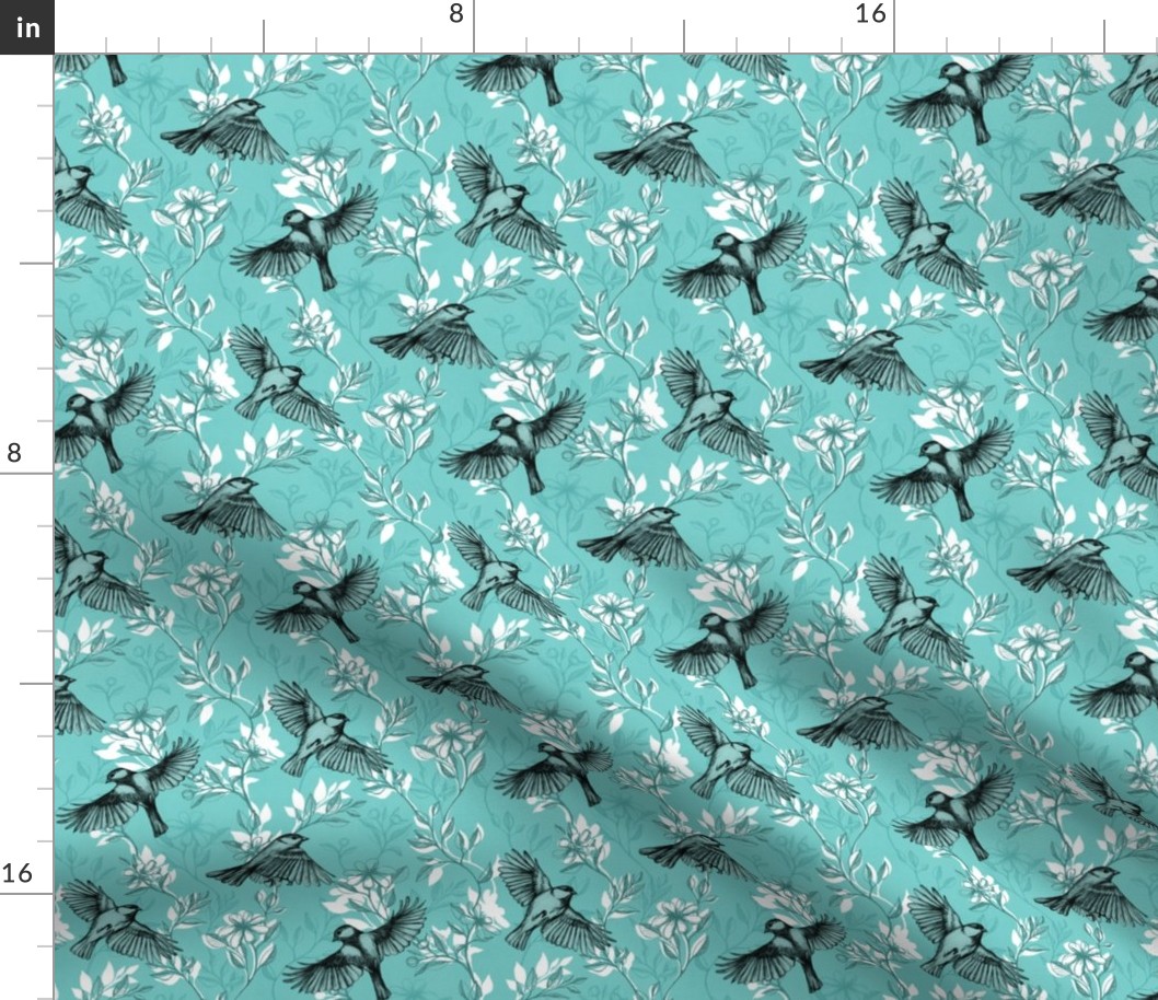 Flowers and Flight in Monochrome Teal - small version