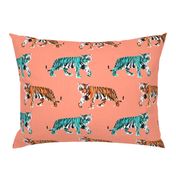 Tiger Tiger on Peachy Pink with Teal and Orange Tigers