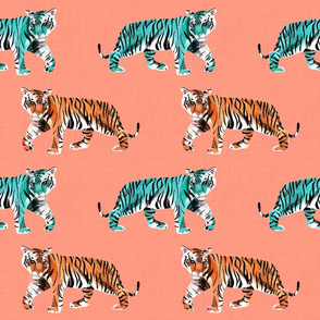 Tiger Tiger on Peachy Pink with Teal and Orange Tigers