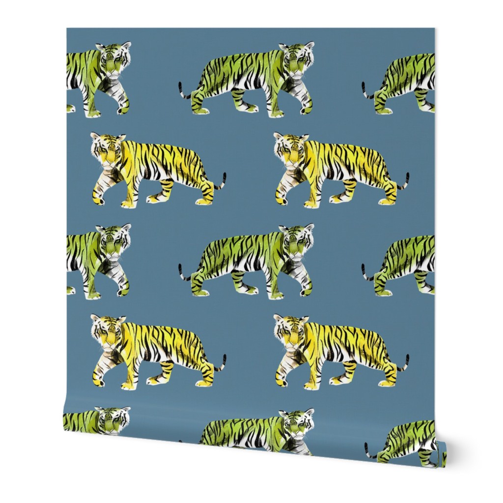 Tiger Tiger Green and Yellow Tigers on Blue Background