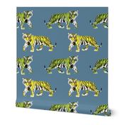 Tiger Tiger Green and Yellow Tigers on Blue Background