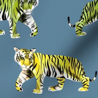 Tiger Tiger Green and Yellow Tigers on Blue Background