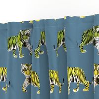 Tiger Tiger Green and Yellow Tigers on Blue Background