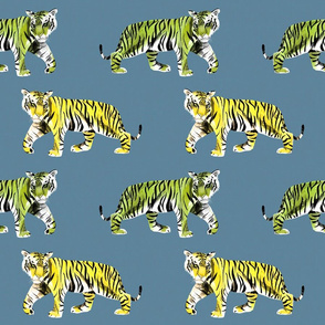 Tiger Tiger Green and Yellow Tigers on Blue Background