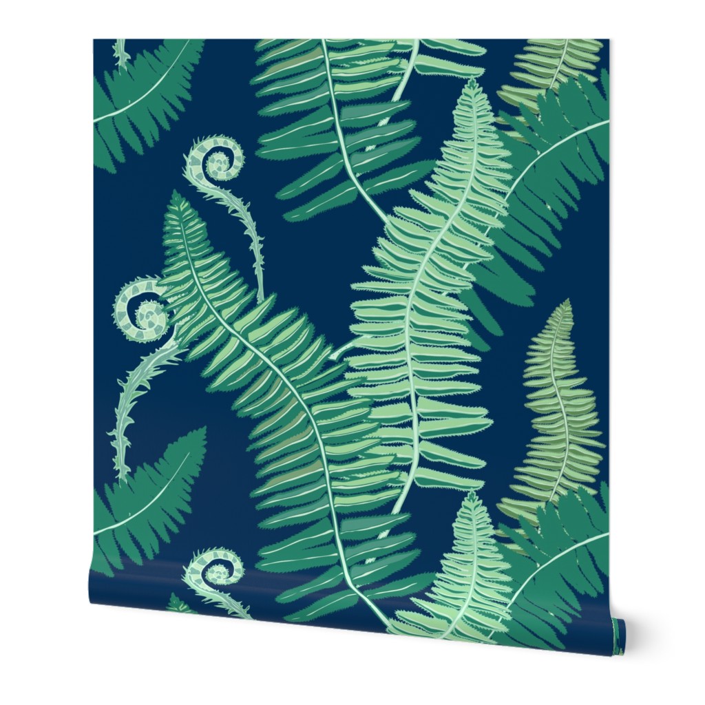 Native Ferns, Vintage Feel, on Navy Wallpaper | Spoonflower