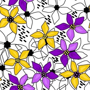 Purple yellow flowers on a retro white background 