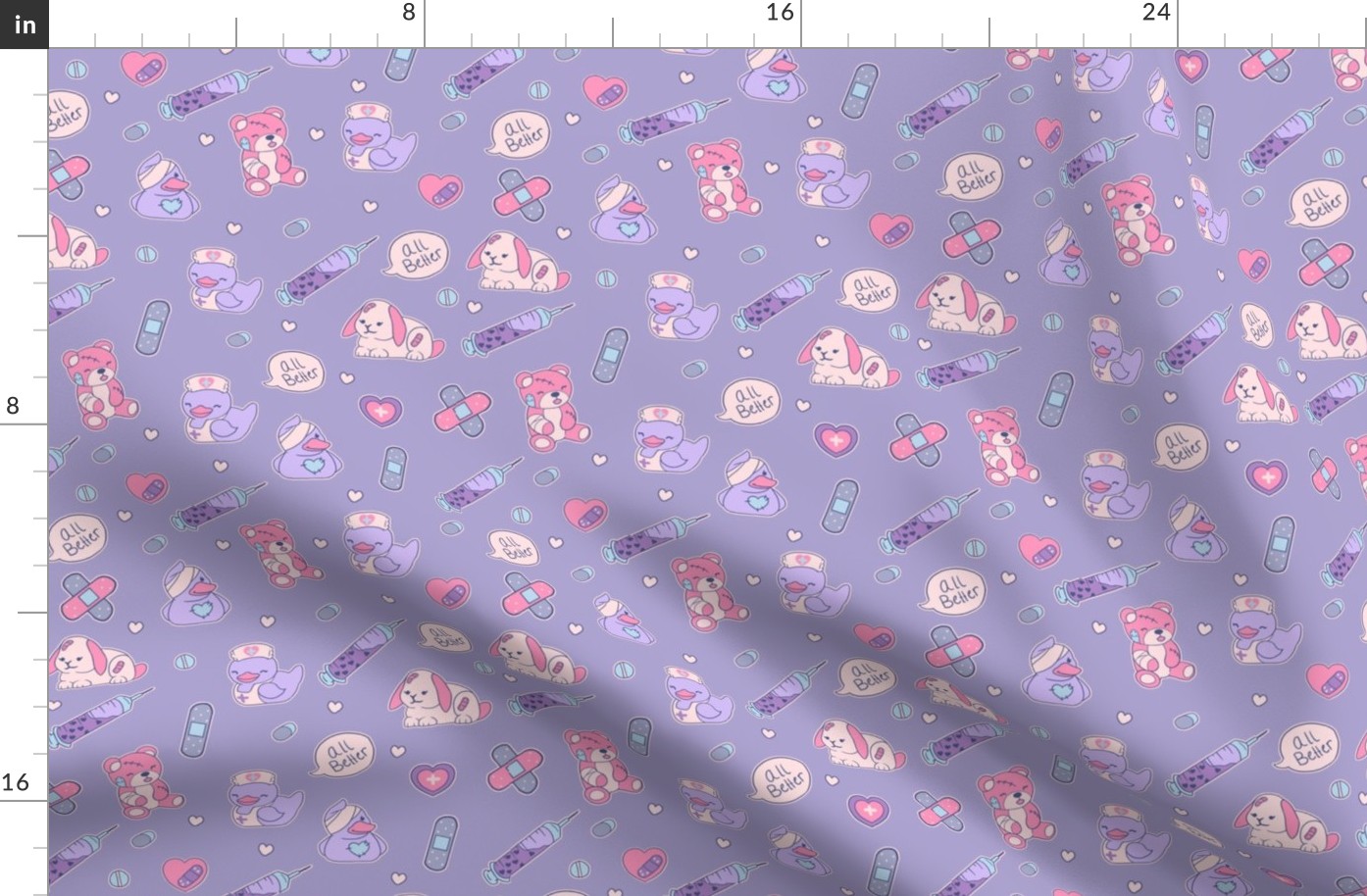 Cute Nurse Fabric on Purple with Ducks Bears Bunnies