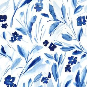 Indigo Modern Blue Watercolor Leaves