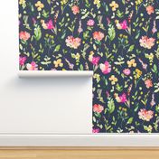 Meadow Watercolor Floral Field on Navy Blue