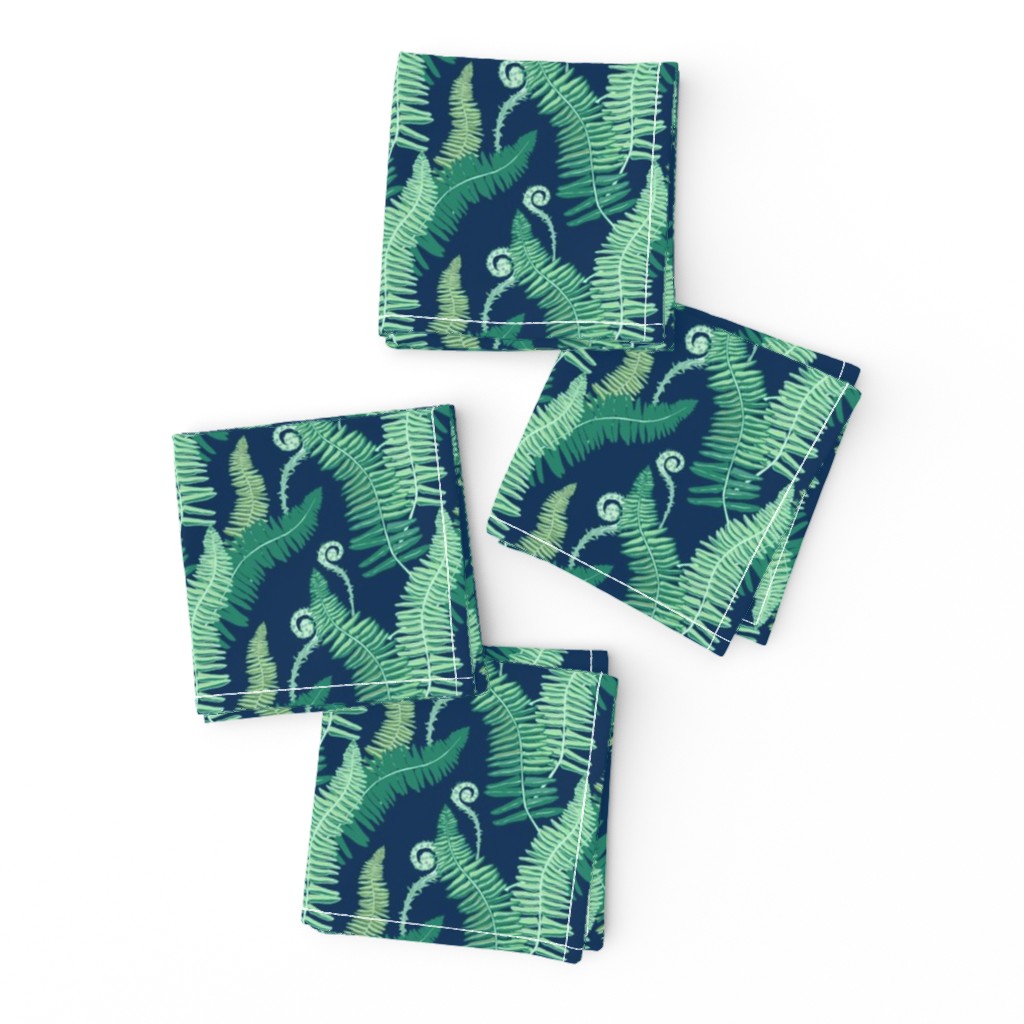 Native Ferns, Vintage Feel- SMALL SCALE on Navy