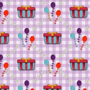 Colorful Birthday Balloons, Kids Birthday Party Present Gift Bag, Lilac Gingham Check White Daisy Flower Design