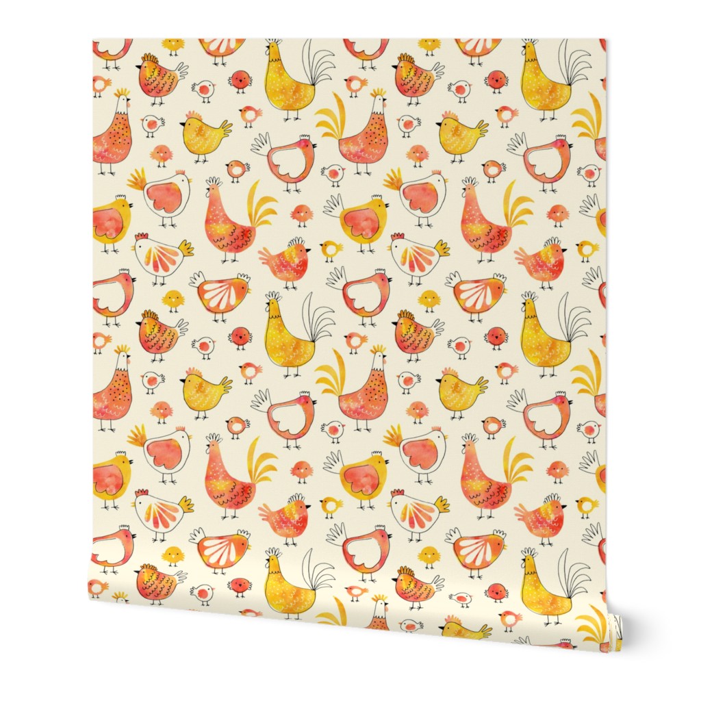 Chicken and rooster in watercolor orange on creme