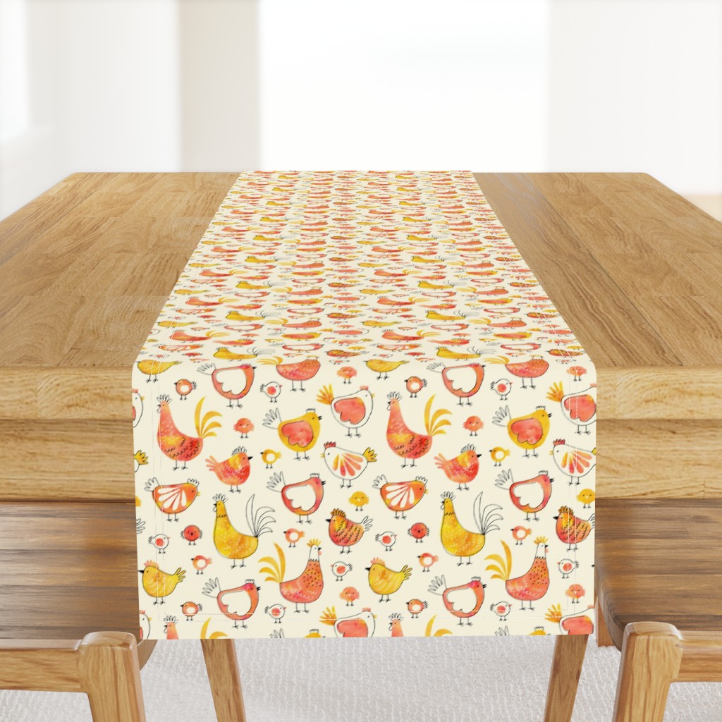 Chicken and rooster in watercolor orange on creme