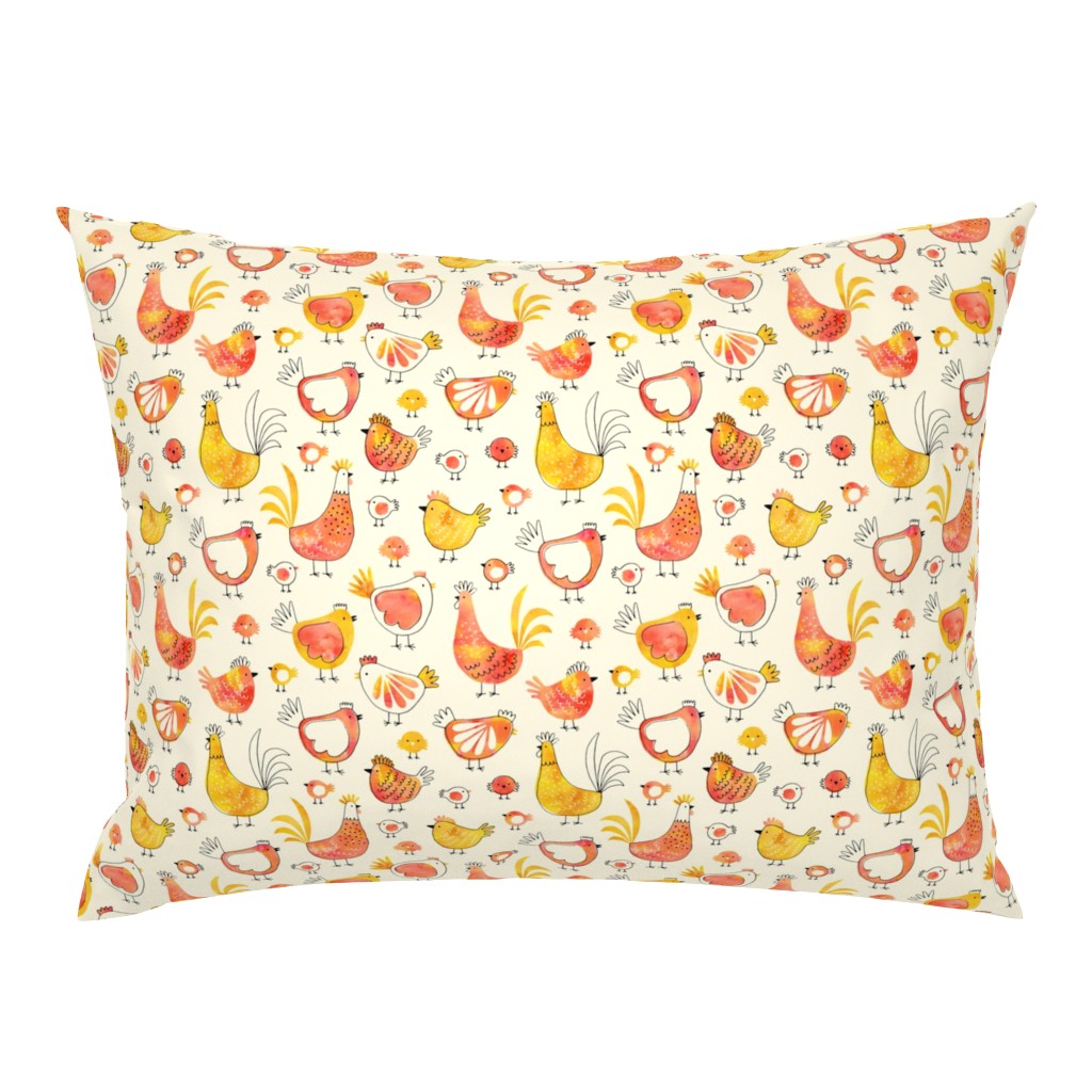 Chicken and rooster in watercolor orange on creme