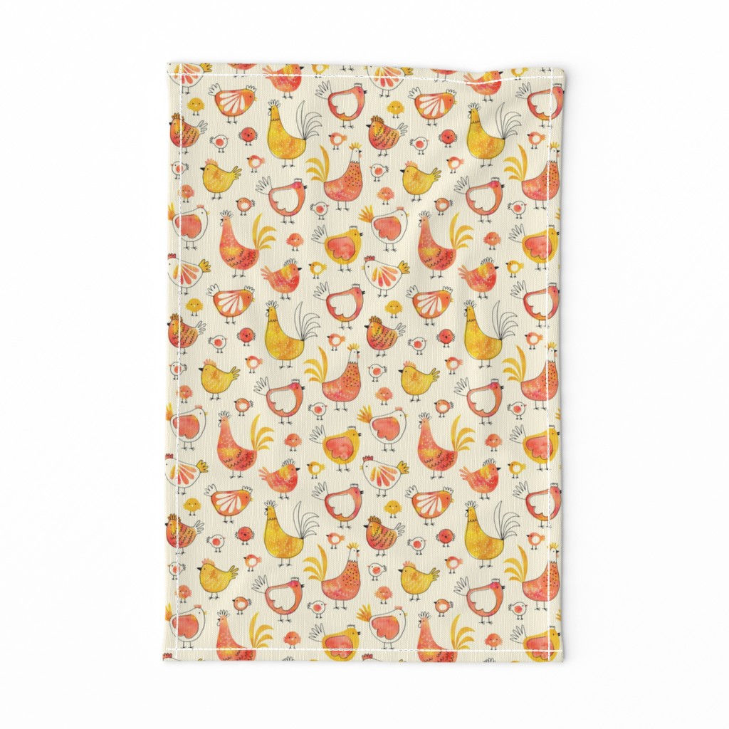 Chicken and rooster in watercolor orange on creme