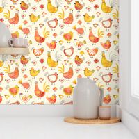 Chicken and rooster in watercolor orange on creme