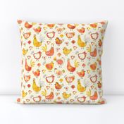 Chicken and rooster in watercolor orange on creme