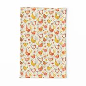 Chicken and rooster in watercolor orange on creme