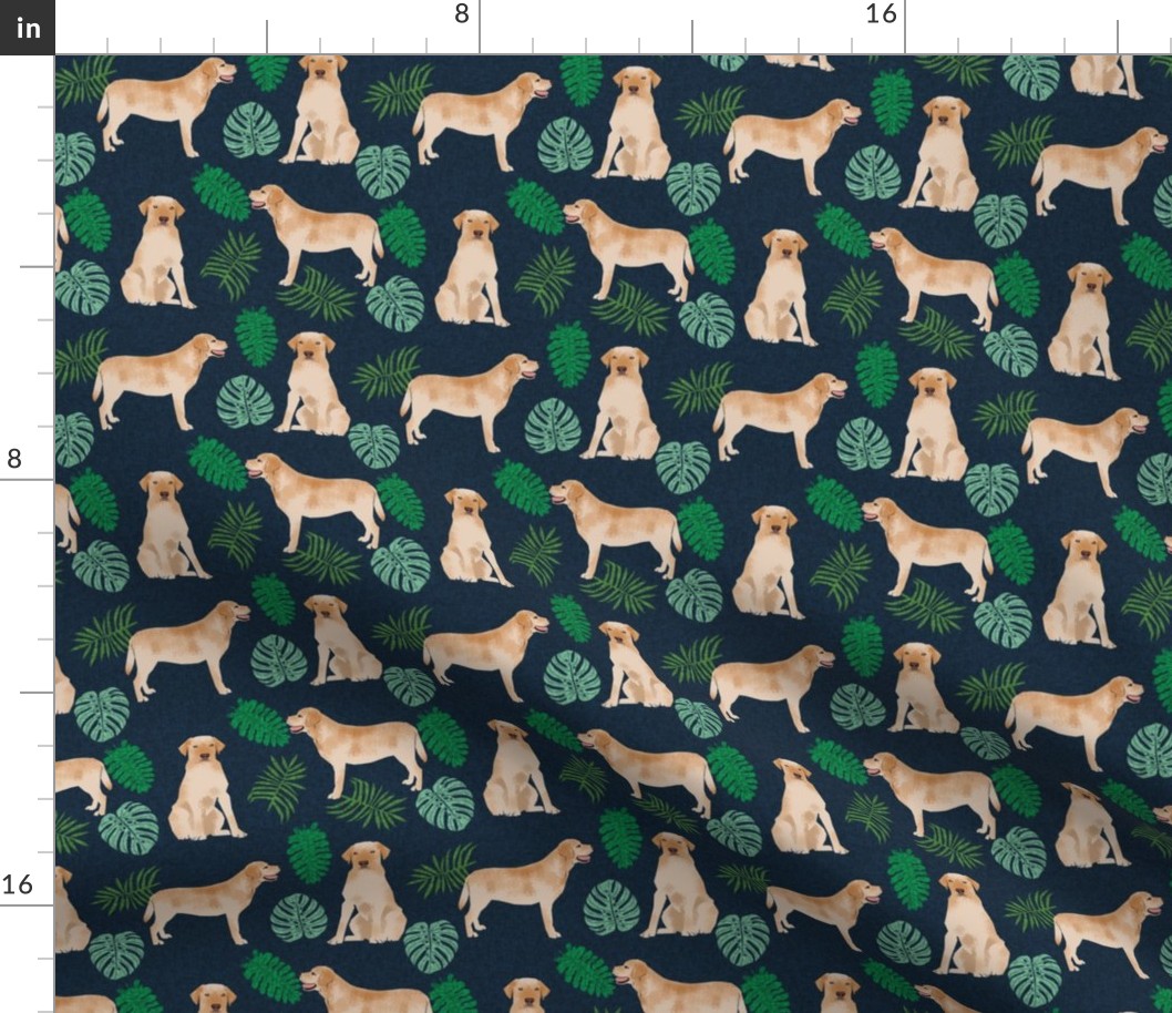 yellow lab monstera tropical dog fabric navy