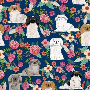 pekingese florals dog breed fabric navy