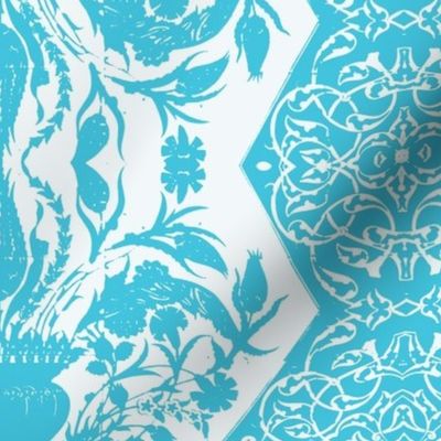 Tahtakale Flowers Upholstery Twill White-Turquoise