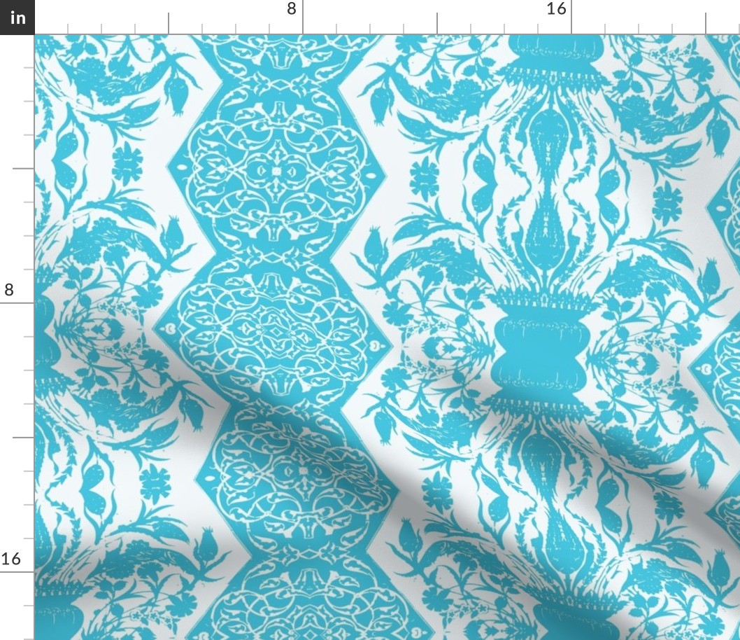 Tahtakale Flowers Upholstery Twill White-Turquoise