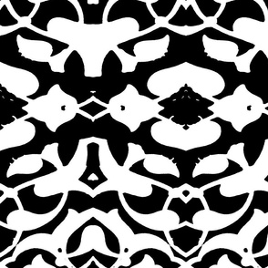 Tahtakale Pattern Silk Crepe de Chine-White-Black