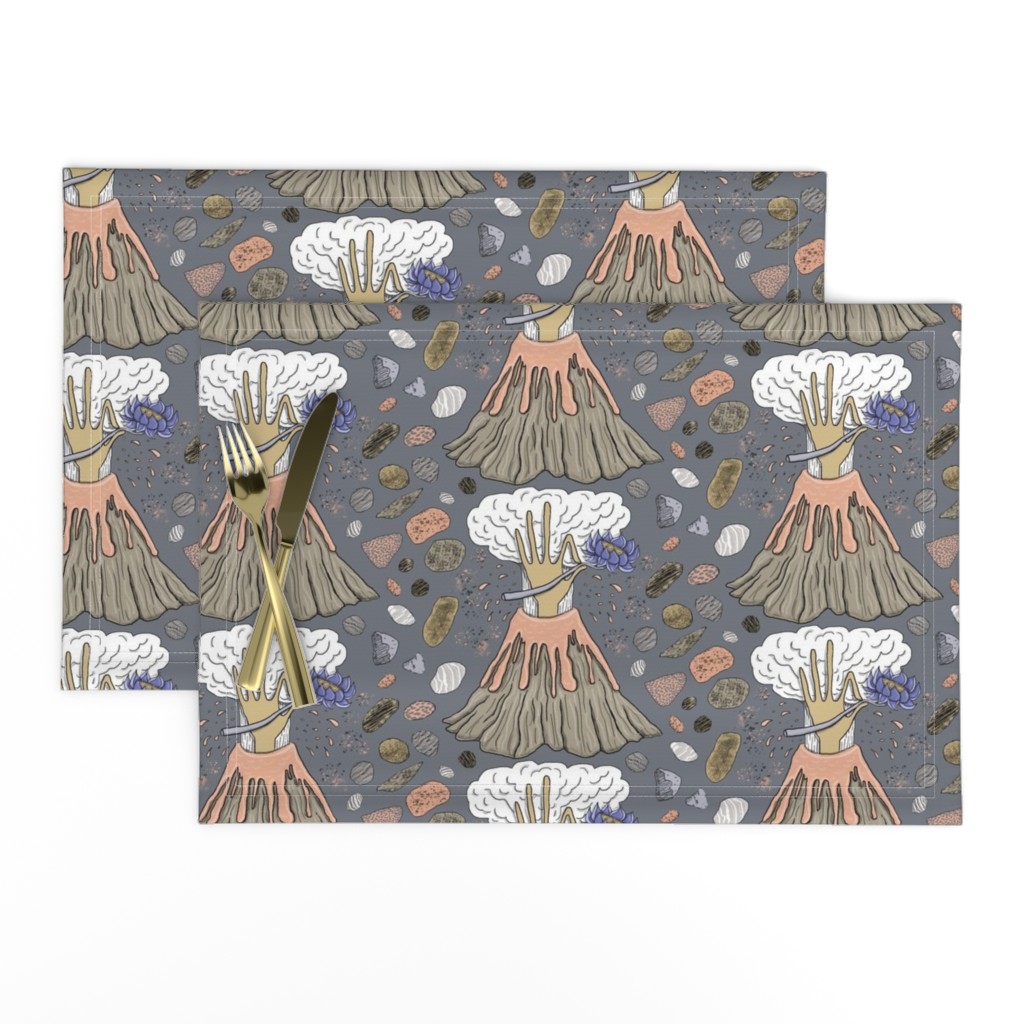 volcano with a hand, lotus flower and rocks, large scale, grey gray neutral