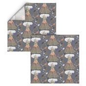 volcano with a hand, lotus flower and rocks, large scale, grey gray neutral