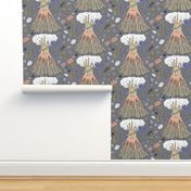 volcano with a hand, lotus flower and rocks, large scale, grey gray neutral