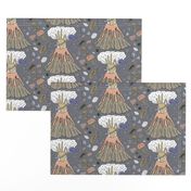 volcano with a hand, lotus flower and rocks, large scale, grey gray neutral