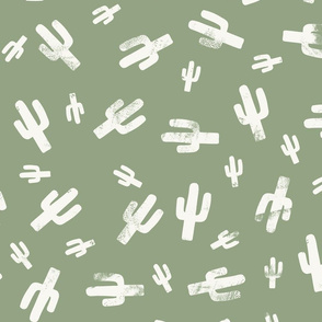 Green and White Lino Printed Cactus Pattern